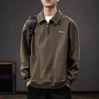Осенний мужской свитер с полумолнией и лацканами в стиле американского ретро, свободная тяжелая рубашка-поло с длинным рукавом M хаки