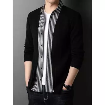 Осенний мужской вязаный кардиган, тонкая рубашка, поддельный двухкомпонентный модный повседневный свитер, куртка, мужская одежда M