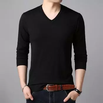 Осенний мужской вязаный свитер, однотонный пуловер с V-образным вырезом и длинными рукавами, простой плоский свитер, футболка, нижняя часть рубашки, верх M