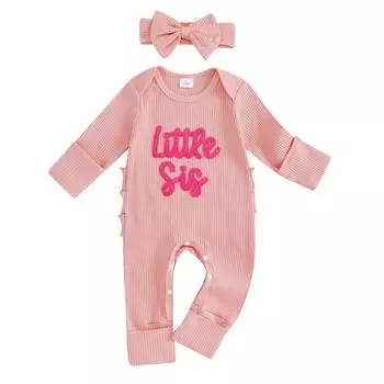 Осенний наряд для девочки, комбинезон с длинными рукавами, вышитыми буквами и повязкой на голову с бантом Детская одежда Newborn розовый