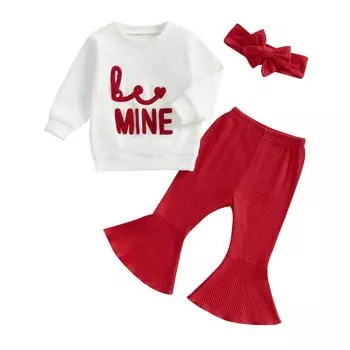 Осенний наряд для маленьких девочек, толстовка с длинными рукавами и вышитыми буквами, расклешенные брюки, повязка на голову, одежда на День святого Валентина 3-6 Months красный