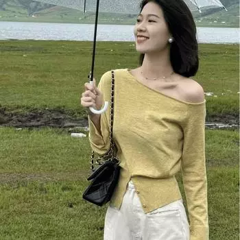 Осенний нерегулярный косой вырез, сексуальный женский свитер с разрезом на плечах, трикотажные свитера с длинным рукавом, топы, зимняя мода, тонкие повседневные пуловеры 25351 S жёлтый