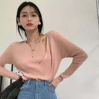 Осенний нерегулярный трикотажный женский свитер с круглым вырезом, топы, женский корейский повседневный сексуальный свитер с вырезом, длинный рукав, однотонный пуловер, рубашка one size чёрный