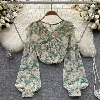 Осенний нишевый дизайн в этническом стиле с оборками и цветочным принтом, новый французский топ с длинными рукавами и v-образным вырезом