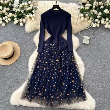 Осенний новый элегантный вязаный свитер, сетчатое платье со звездами для женщин S темно-синий