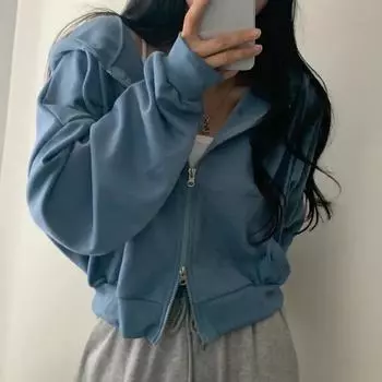 Осенний новый американский стиль универсальный капюшон с двойной застежкой-молнией свободный повседневный длинный рукав короткая толстовка с капюшоном верхняя одежда S чёрный