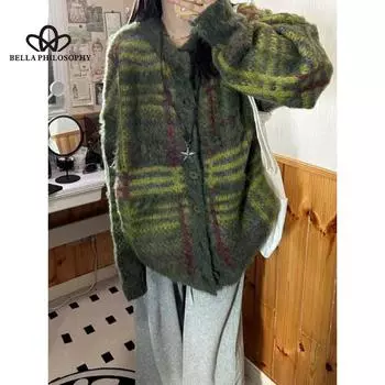 Осенний новый американский свободный шикарный вязаный свитер в стиле ретро, женский высококачественный повседневный свитер из мохера, кардиган onesize зелёный