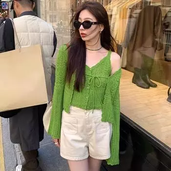 Осенний новый ажурный сексуальный трикотажный свитер с V-образным вырезом, женский ретро однотонный длинный рукав, двухсекционный кардиган, свитер, женский модный кардиган из двух частей 24759 One Size белый