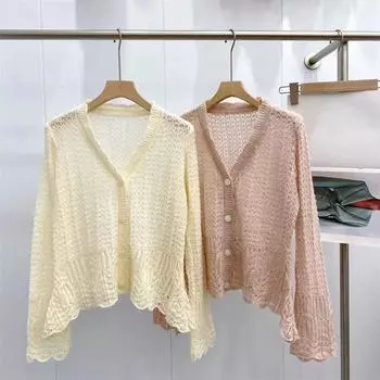 Осенний новый ажурный вязаный кардиган женский свитер модный расклешенный длинный рукав V-образный вырез кардиганы женские однотонные топы свободный женский повседневный трикотаж 24619 S розовый