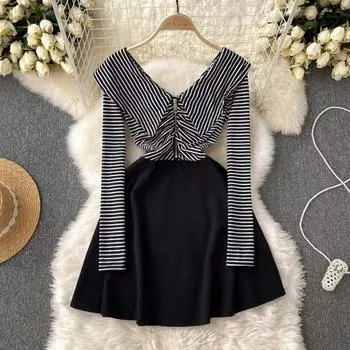 Осенний новый дизайн, плиссированная, с v-образным вырезом, с рюшами, в полоску с длинными рукавами, облегающая и тонкая юбка с темпераментной строчкой