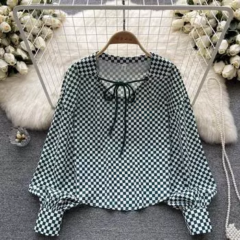 Осенний новый дизайн в стиле ретро, шахматный шифон, легкий зрелый ветер, ниша с рукавами-фонариками, кружевные топы