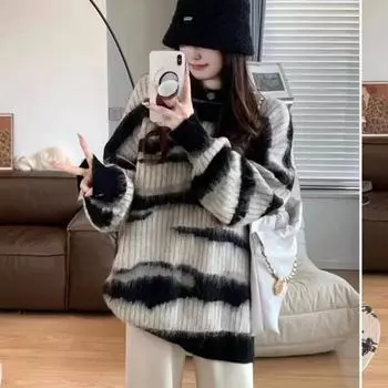 Осенний новый длинный рукав мягкий мохеровый свитер женский зимний теплый круглый вырез полосатый пуловер свитера для женщин модный элегантный трикотаж больших размеров 24786 One Size