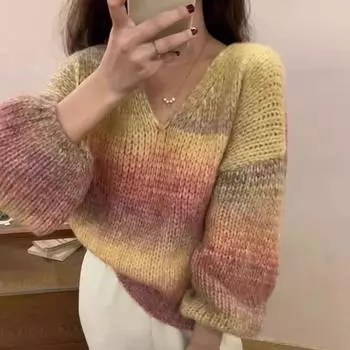 Осенний новый длинный рукав V-образный вырез свободный вязаный свитер для женщин зимний градиент радуга повседневные пуловеры свитера женские модные облегающие джемперы 25473 One Size розовый