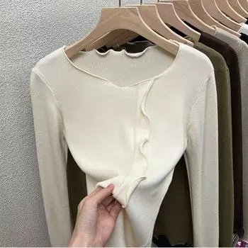 Осенний новый длинный рукав вязаный свитер для женщин зимний круглый вырез пуловер трикотажные топы офисные женские элегантные однотонные повседневные свитера шикарный 24855 One Size чёрный