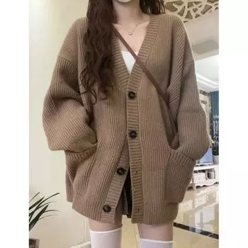 Осенний новый длинный рукав вязаный свитер кардиганы женские винтажные однобортные свободные V-образный вырез кардиган куртка для женщин модная верхняя одежда трикотаж 25302 One Size серый