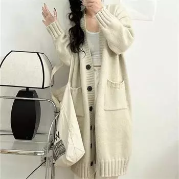 Осенний новый длинный свитер пальто женский большого размера свободный ленивый стиль дизайн с карманом для чувств вязаный кардиган женский топ One size абрикосовый