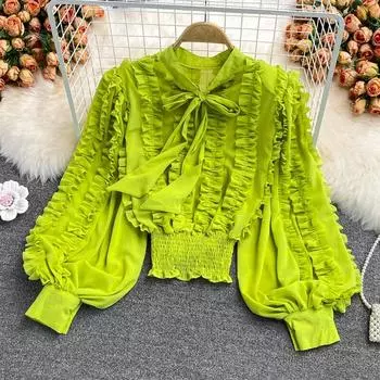 Осенний новый дворцовый стиль, свободная супер фея, рубашка с длинным рукавом и бантом на шнуровке, супер фея, с кромкой листа лотоса, короткая блузка в западном стиле