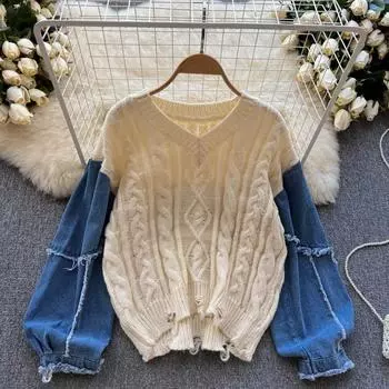 Осенний новый джинсовый лоскутный джинсовый свитер с v-образным вырезом в стиле ретро, шикарный свободный свитер с отверстиями