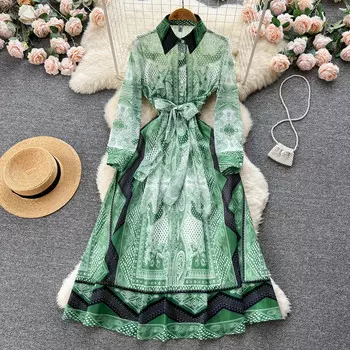 Осенний новый галстук-бабочка с лацканами и этническим ветром с длинными рукавами и принтом, свободное платье длиной до колена для женщин