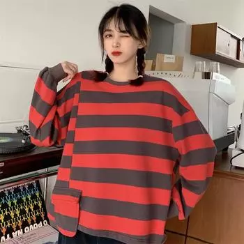 Осенний новый корейский дизайн Sense Niche Pocket Bf Wind Loose Thin Striped Long Sleeve Hoodie Blowed M красный