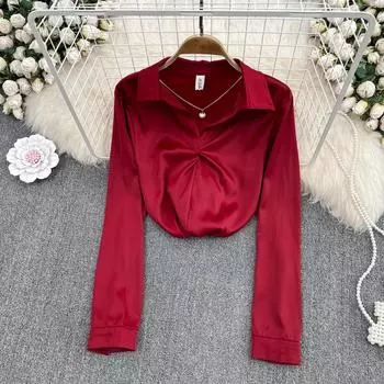 Осенний новый корейский стиль, профессиональный темпераментный свободный топ с v-образным вырезом и длинными рукавами