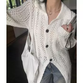Осенний новый корейский темпераментный свободный и универсальный ажурный дизайн лацкан средней длины с длинными рукавами вязаный свитер для женщин one size fits all белый
