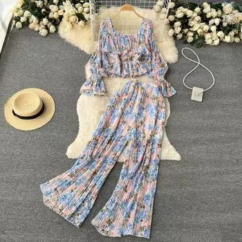 Осенний новый короткий топ с принтом и рюшами и рукавами-пузырьками, широкие брюки со складками, комплект из двух предметов