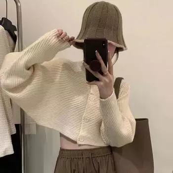 Осенний новый круглый вырез кардиган с длинными рукавами короткий ленивый ветер однотонный свитер с рукавами летучая мышь женский топ прилив One Size
