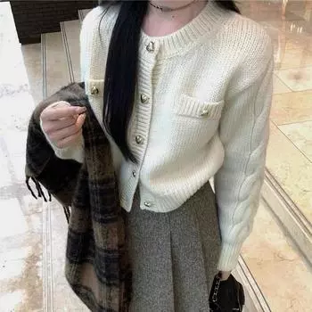 Осенний новый круглый вырез однотонный женский свитер куртка модный зимний длинный рукав повседневный вязаный кардиган женский элегантный облегающий теплые кардиганы топы 24847 One Size белый