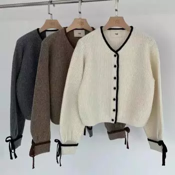 Осенний новый милый бант с длинным рукавом повседневный свитер пальто женский зимний однотонный V-образный вырез вязаный кардиган свитера женские элегантные тонкие трикотажные кардиганы 25232 One Size белый
