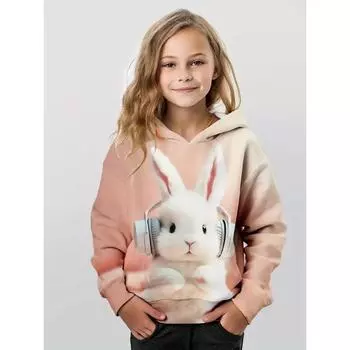Осенний новый милый кролик в наушниках 3D-симуляция детский пуловер тренд сладкий и энергичный толстовка с капюшоном для девочек 100CM