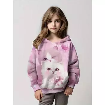 Осенний новый милый мультяшный кот с 3D-принтом, детский пуловер, свободный, повседневный, модный, для девочек, с круглым вырезом, длинным рукавом, с капюшоном, толстовка Y2K 100