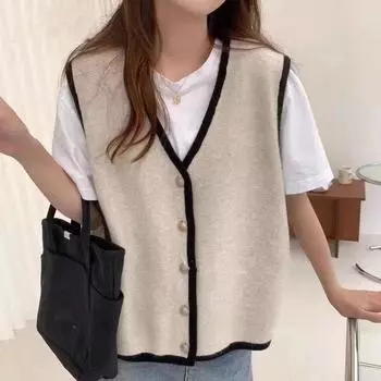 Осенний новый многослойный вязаный кардиган с V-образным вырезом в корейском стиле, маленький ароматный стиль, контрастный цвет, завернутый жилет, женский топ One Size покинуть белый