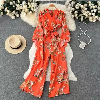 Осенний новый модный темпераментный принт богини, модель с нерегулярными рукавами, сетчатый красный комбинезон с широкими штанинами One Size зелёный