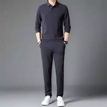 Осенний новый мужской костюм, спортивная повседневная осенняя одежда, однотонный мужской костюм из двух частей с длинным рукавом и лацканами для среднего возраста M чёрный