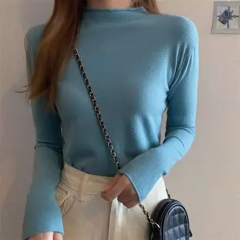 Осенний новый облегающий свободный вязаный свитер, топы для женщин, полувысокий ворот с длинным рукавом, базовый пуловер, свитера для женщин, элегантный однотонный повседневный трикотаж 24918 One Size чёрный