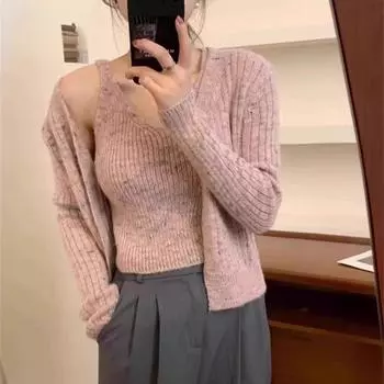Осенний новый облегающий трикотажный кардиган из 2 частей, женский модный комплект из двух частей с длинным рукавом, элегантный повседневный укороченный кардиган 24760 One Size розовый