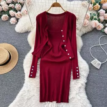 Осенний новый однотонный однобортный кардиган плюс тонкое тонкое вязаное платье с лямкой на шее, комплект из двух предметов