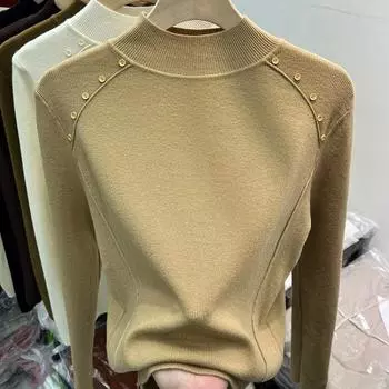 Осенний новый полувысокий ворот вязаный свитер женский облегающий модный зимний пуловер базовый длинный рукав женский свитер элегантный однотонный повседневный трикотаж 25036 One Size чёрный