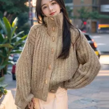 Осенний новый повседневный кардиган на пуговицах, свитер, куртка для женщин, зимний толстый свободный длинный рукав, вязаный кардиган, пальто, винтажный трикотаж 24815 One Size серый