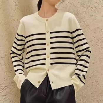 Осенний новый повседневный полосатый вязаный кардиган женский зимний винтажный длинный рукав элегантный кардиган свитер круглый вырез простой теплый трикотажный свитер 24832 One Size белый