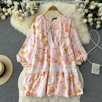 Осенний новый праздничный стиль, свободное платье с длинными рукавами и цветочным принтом, женское платье-качели с надписью A-word