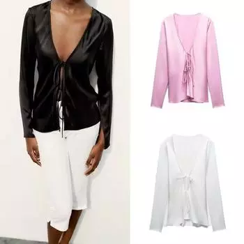 Осенний новый продукт женская мода и повседневная универсальная рубашка с V-образным вырезом и бантом из шелкового атласа XS розовый