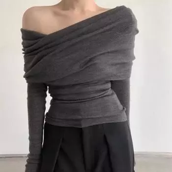 Осенний новый сексуальный свитер на одно плечо для женщин, лацкан с открытыми плечами, длинный вязаный свитер с рукавами, женский элегантный повседневный зимний трикотаж 24861 One Size белый