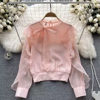 Осенний новый шифоновый дизайн с галстуком-бабочкой и рюшами во французском стиле, нежная короткая блузка для женщин