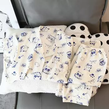 Осенний новый синий милый кот пижамный комплект из двух частей корейский повседневный мультфильм пижамы женские хлопковые с V-образным вырезом модная домашняя одежда M