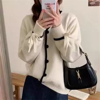 Осенний новый сладкий ветер шнуровка вязаный кардиган женский корейская версия моды контрастного цвета однобортный свитер куртка женская One Size