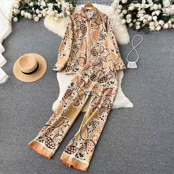 Осенний новый стиль, европейский и американский стиль, темпераментная рубашка с длинными рукавами и принтом, топ, прямые повседневные длинные брюки, женский костюм