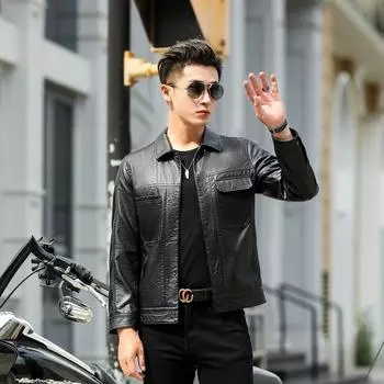 Осенний новый стиль, куртка из искусственной кожи, мужская модная тонкая кожаная куртка с лацканами, однобортная куртка M