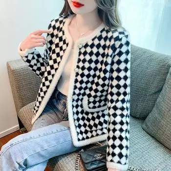 Осенний новый стиль, маленький аромат, тысяча птиц, клетчатое пальто из искусственной норки, короткий свободный и тонкий вязаный кардиган, женский топ S